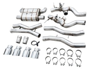 BMW M4 Performance Exhaust - AWE Tuning - SwitchPath Cat-Back, dual 3 in piping, quad 4.5 in double-walled slash-cut tips, valve-controlled with 180 Technology, 50-state emissions compliant - Chrome Silver Tips - `21-`27